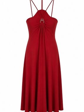 Misope Crimson Halter Midi Dress with Ring Detail
